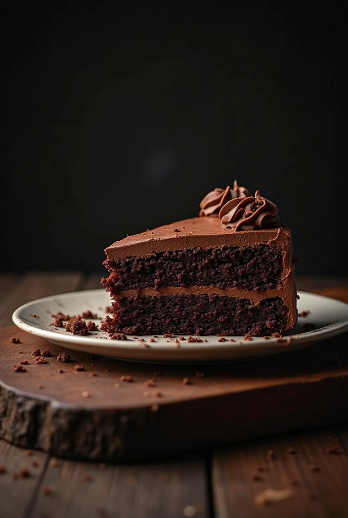 cinematic film still chocolate, chocolate cake, dark background, quality photo, moist texture, frosting, studio photo, slice . shallow depth of field, vignette, highly detailed, high budget, bokeh, cinemascope, moody, epic, gorgeous, film grain, grainy