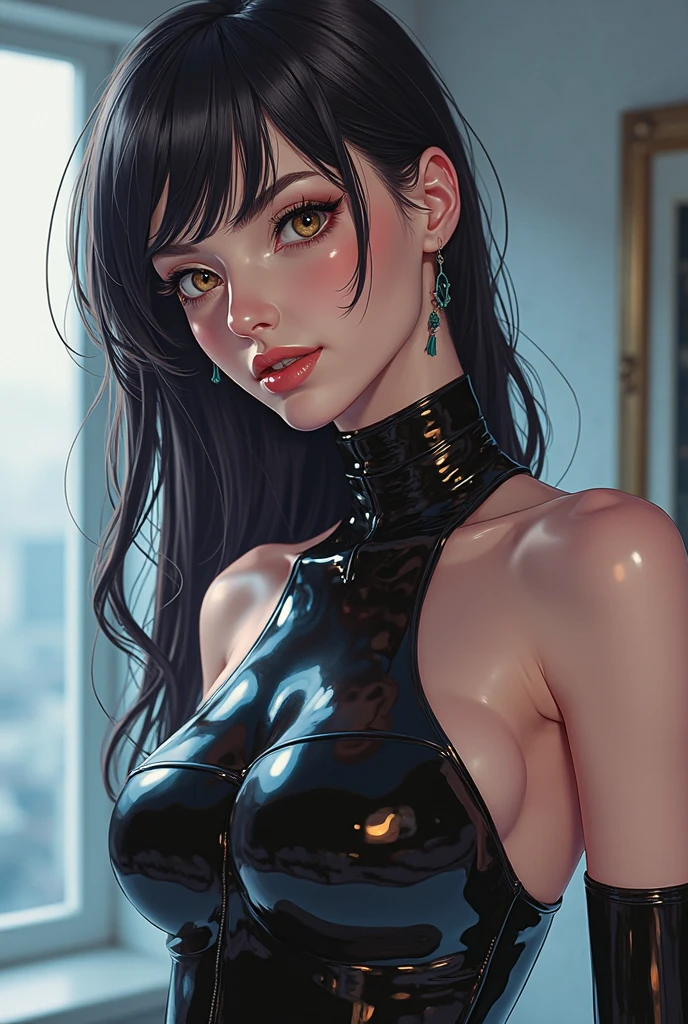 (best quality), (masterpiece), (photorealistic), (realistic), super detailed, unity 8k wallpaper, highly detailed cg, ray tracking, sharp shadows, great detail, depth of field, super detailed background, cyberpunk vampire girl, latex, (Resting at the top of a skyscraper, she looks up at the new moon with an ecstatic expression and is cloaked in a thin red mist.) :1.6, Future city, On top of the city's tallest skyscraper, wispy new moon, side shot, wide shot, steeple, (A vampire in a futuristic city observes people from the shadows and from the mist on the night of the new moon in search of prey. Cloaked in fog, she tracks her prey with bright red eyes and pointed fangs. A resounding scream, but no one hears it.) :0.6,, wearing bra,((skinny waist)), young asian girl, ((big breasted)),