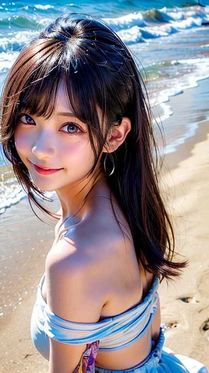 Misato Katsuragi, purple hair, freshly bathed, wet hair, medium breasts, moist skin, squat in the sand, Whole body. playa