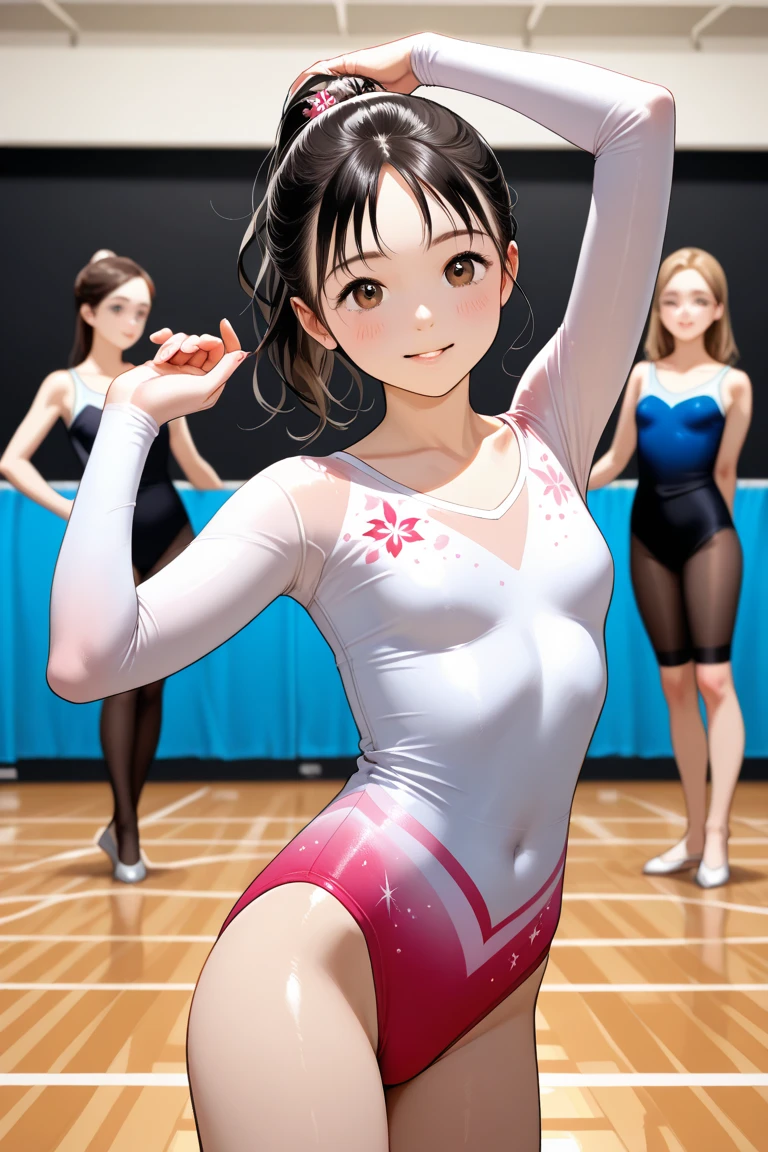 expensivequality illustration, masterpiece, Very delicate and beautiful, Attractive girl,((Gymnastics leotard,tight-fitting leotard,length Leotard with sleeves,length_Leotard with sleeves,expensive_Leg leotard,athletic leotard,Floral print leotard,Rainbow gradient leotard)), Audience reaction,thin,Slender body,slim,expensive school,Gym,Gymnastics Club,Beautiful Eyes,(masterpiece, Highest quality:1.2), expensiveres, Very detailed CG ユニティ 8k 壁紙, Perfect lighting, colorful, ultra-expensive res,4K,Very detailed, photograph, 8k, High resolution, ,Cowboy Shot,