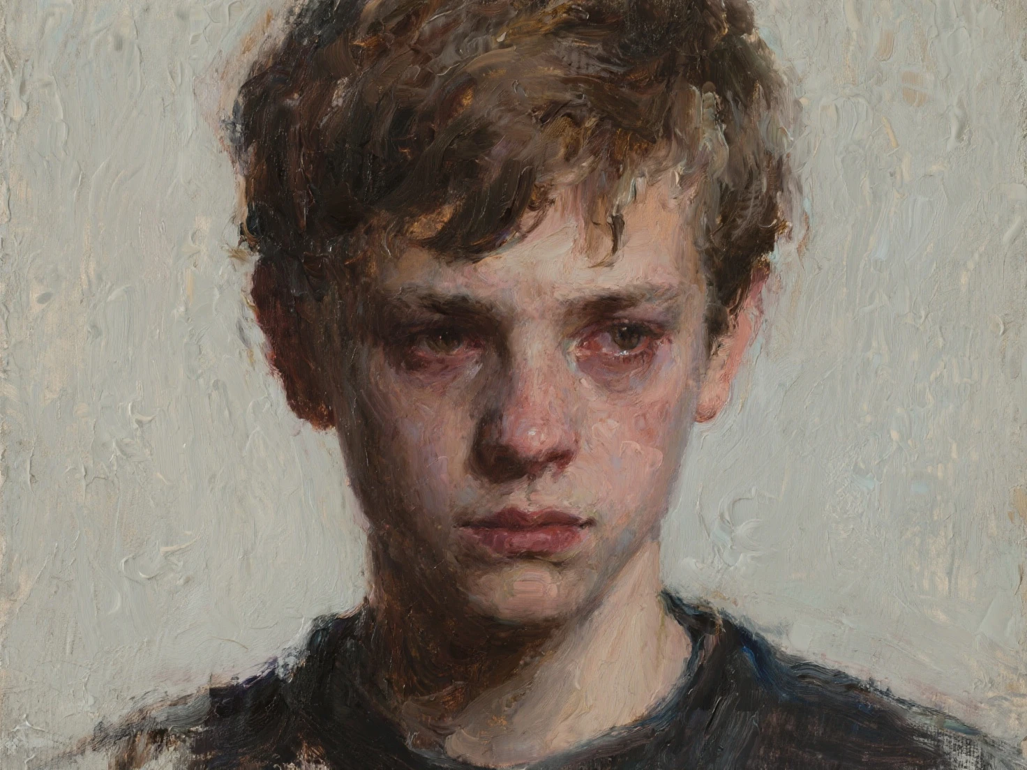 painting of a waist-length portrait of a boy with blond hair, dark atmosphere, cinematic scene, volumetric lights, ultra realistic, in the style of nicola samori