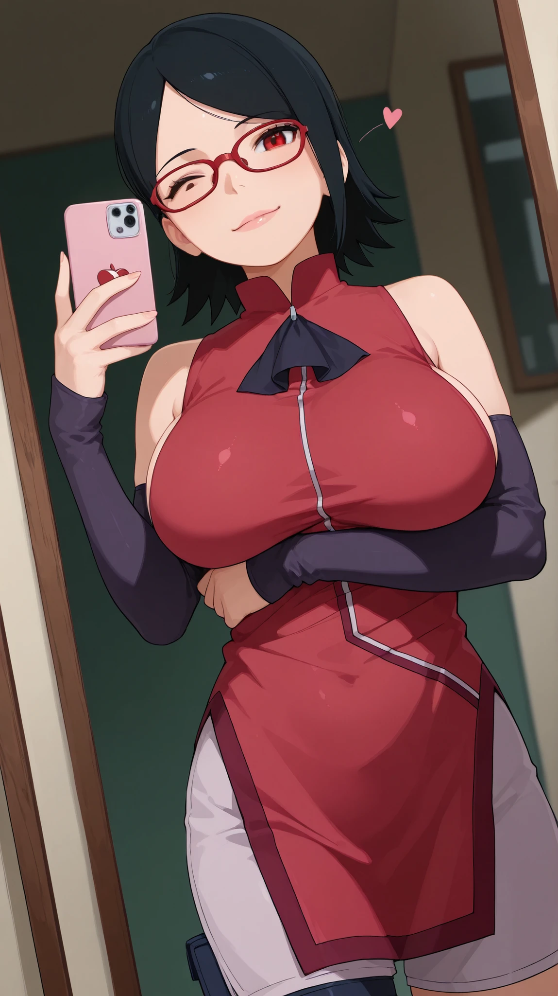 (masterpiece), perfect face, beautiful face, 4k, UHD, score_90, perfect digital artwork, 1girl, sarada, red eyes, sharingan, black hair, short hair, glasses, red sleeveless dress, ascot, standing, lips, happy, hearts, solo, 1girl, looking at viewer, big breast, dynamic angle, selfie shot, wink, one arm under breast