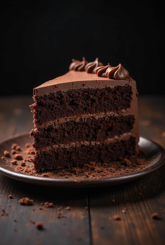 cinematic film still chocolate, chocolate cake, dark background, quality photo, moist texture, frosting, studio photo, slice . shallow depth of field, vignette, highly detailed, high budget, bokeh, cinemascope, moody, epic, gorgeous, film grain, grainy