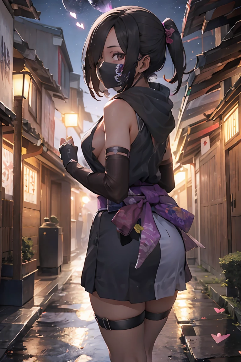 (photo realistic:1.4), (hyper realistic:1.4), (realistic:1.3),(increase cinematic lighting quality:0.9),Elaborate female ninja,huge butt,Elaborate patterns ninja mask,Elaborate patterns Ninja cape,Elaborate patterns Ninja hood,Slingshot swimsuit,carries a Japanese sword on his back,(twilight:1.2),japanes City of the period drama