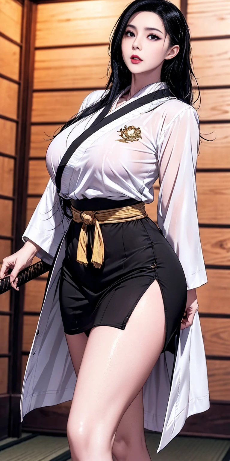 Masterpiece, high quality full length portrait of 1 woman (maduro)) YOUNG), Holding a katana, Long sleeve white buttoned shirt, shiny black leggings, beautiful thin face, detailed face, long hair, (black hair), BIG BREASTS, pale and light skin, detailed eyes, grey eyes, shy expression, set in a background inside a cabin with a fireplace, evening,