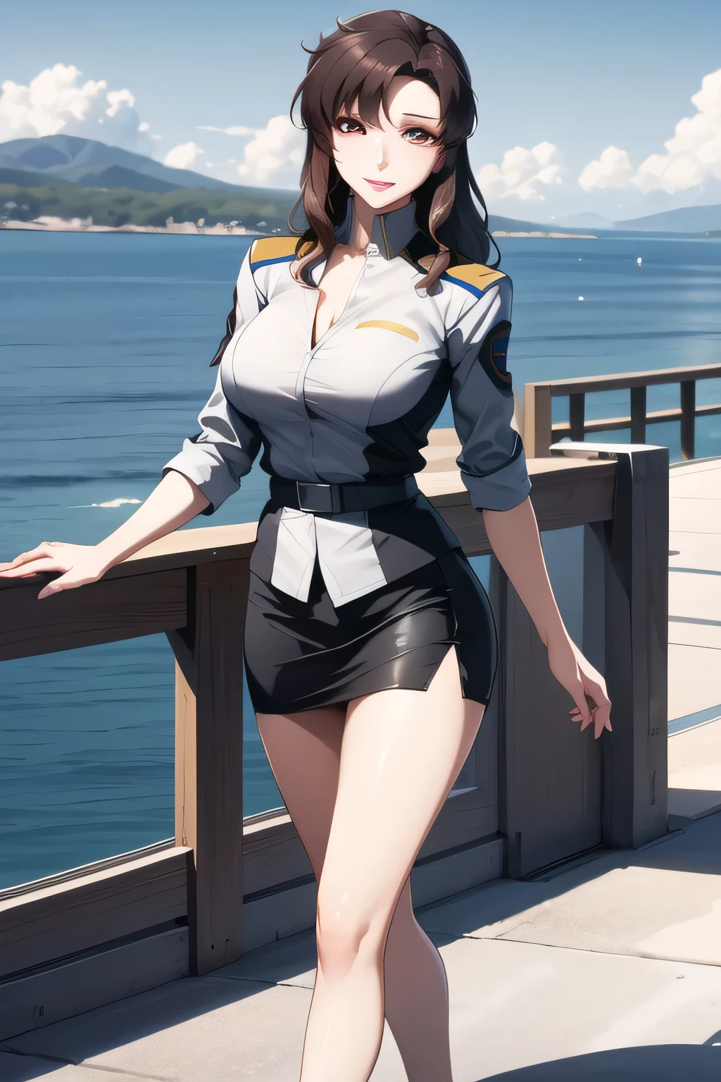 Can you draw her standing on the deck of a large cruiser fluttering in the wind，Ocean Voyage，cruiser，Clear Skies，I need a face，Please draw with a gentle smile，Accurate representation of hands and legs，High Heels，  black leather micro mini skirt ， wearing miniskirt police uniform ，その仕事は1people々々々々々々That's enough，40歳大people々々々々々々々  Sexy Women，police uniform，  Please draw her expression more delicately，足を広げて   Dark Blue Pantiesを見る，（draw a more delicate expression），（police uniform），（   A black leather miniskirt that rubs his chest ）（    Dark Blue Panties           ），that job is great, I need it for work、 No need to cut his face，but、I was surprised， Don't prepare her face for work  ，Yellow Shirts，       He's wearing a miniskirt，  ,         I'm a woman close to 40 years old、I'm drawing         , ,   Big Breasts, thin waist ， ,   ，I'm a woman close to 40 years old、I'm drawing         ,   people々々々々々々々々 her hands and feet are accurately depicted