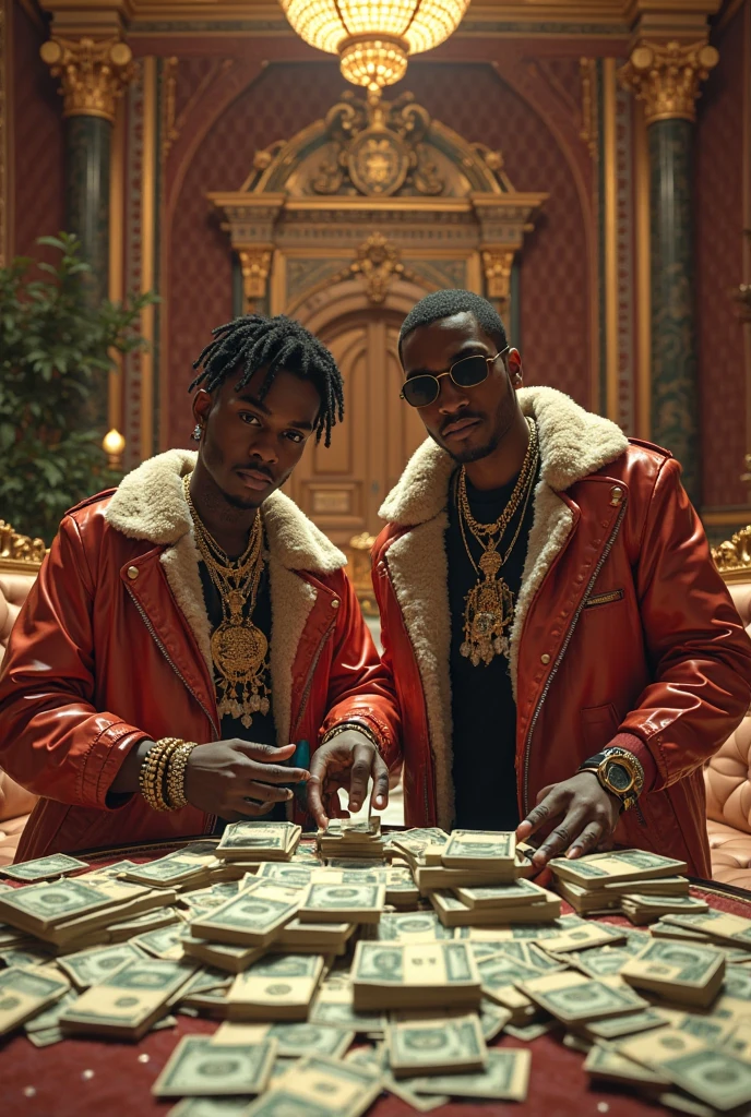 Two rappers with wires around their necks and 4 LV suitcases full of money walking backwards up the stairs of success 