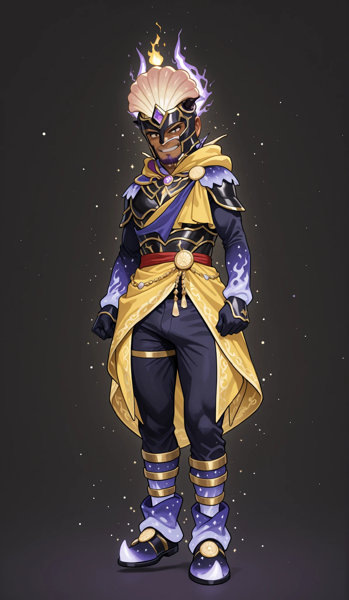 Close up of a male devil wearing a costume, magician robe with a Tsukan motif , Lunar Themed Outfit, -themed Julian dressed as an Oracle , full body image 超精密, fantasy costume, Believers in yellow robes, black armor with yellow accents, Full body details, astral wizard clothes, male costume, wild rave outfit wearing seashell costume,Playful popular quality male devil,Switch to a larger image, The background of the depiction.、トップセンターフロントバックはyellow hairのリーゼントスタイルの悪魔,purple lightning is running on the horse's hair on both sides,devil horns grow from the purple lightning pattern,Her hairy scrotum is stored in her groin,Purple beard,Devil's Face , Naked male devil, 8k High Definition Art , nose, Eyebrows are purple flames,The horse's tip is a purple flameで燃えている,Gigachad's muscular, Razielle IRL, Art Stationで人気, Male art, POV furry art, Switch to a larger image of God Poseidon, strong, Fat, Buccanarian's Body, SFW version, Art Stationの男性的な美的センス,epidermis、The bare skin is pale, purplish, dark gray,purple hair shines all over,The horse's hair shines fluorescent purple,The horse's hair looks like a purple flame,fantasy costume with metallic paint all over his neck。The horse's tip is a purple flame,tiger stripes on his four legs are burning with purple flames,her hairy scrotum is stored in the groin,burning with yellow flames without drawing genitals,The background of the depiction is a realistic beach.,that looks more realistic than the character.。The person wearing a cat々 , Magician's Robe with Tsukamoto Motifs , Moon Themed Outfit, an oracle-themed Oracle , full body image, with the letters sticking out on both sides of the head, believes in a yellow robe, black armor with yellow accents, Full body details, Astrologer Outfit , Male costume , Julian is wearing a yellow robe、wearing a wild rave costume,Black 3/4 Short Skinny Pants,with the letters sticking out on both sides of the head ,yellow hair,Regent Style,dark purple sideburns,Purple Gem Ring,Purple Horns on the Side, purple bracelet,Purple Gem Ring,purple eyes,White and Yellow Striped Socks,Purple Sports Shoes,Yellow Accents on Shoes,