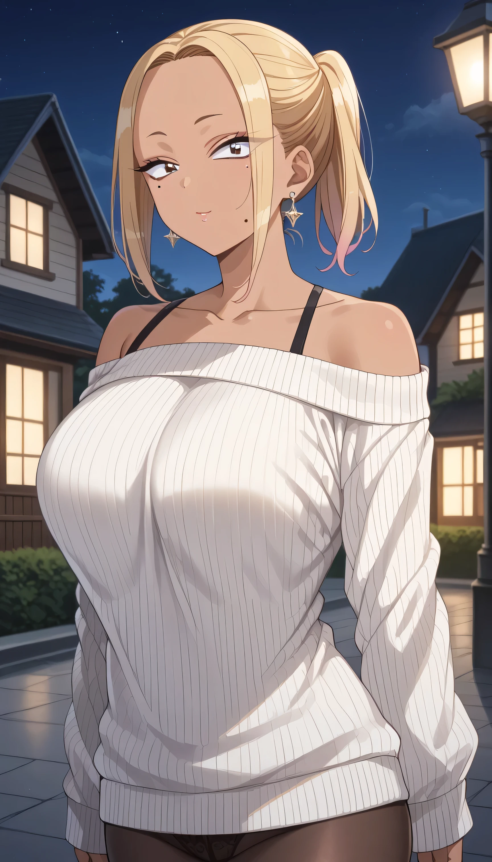 8k, RAW photo, best quality, masterpiece:1.2), score_9, score_8_up, score_7_up, score_6_up, score_5_up, score_4_up, (extremely detailed fine touch:1.2), (natural light, sun light, light rays, dappled light, ray tracing:1.2) , masterpiece, best quality, highly quality, masterpiece, (top-quality), gyaru,1girl, Nene Onemine, Gyaru, (beautiful, brown skin:1.6),brown & blonde hair, short hair, ponytail, beautiful eyes, mole, mole under eye, mole under mouth, earrings, sweater, long sweater, loose sweater, bare shoulders, pantyhose, black pantyhose, collarbone, Female sexy, huge breast, vivd colour,natural soft light,RTX, , Beautiful fece, (Detailed face:1.2), showcase, (perfect eyes:1.1), 8K UHD, Look at viewers, outside of house, night, standing , city