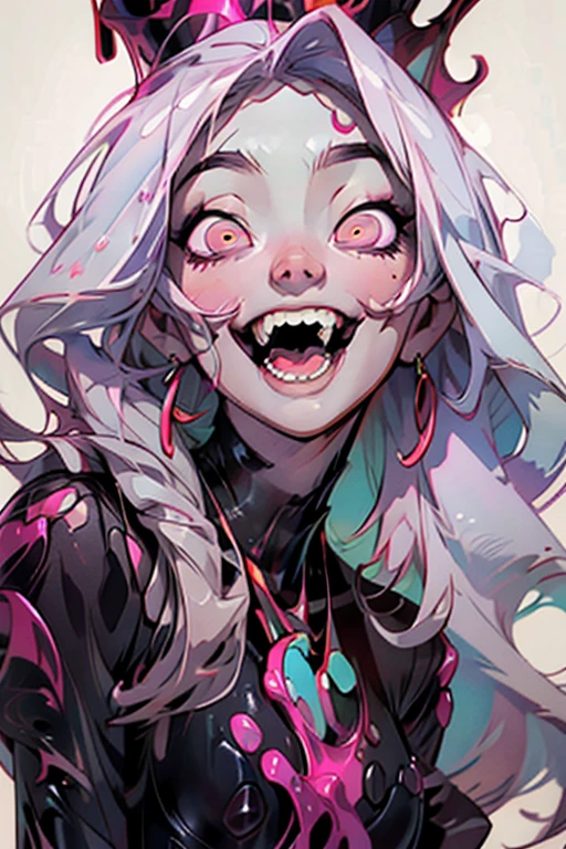 one white girl, briar, briar of league of legends, solo, abs, slender body, (upper body, bust:1.2), pale eyes, white hair, choker, (sharp teeth, pale skin, grey skin:1.3), (yukata, japanese clothes, tiny breasts, small breasts, male chest, cleavage:1.5), bare shoulders, belts, shoulder-belts, masterpiece, highly detailed, look at viewer, expressing joy, shiny blured orange background, gradient sprayed background, smile, happy face, naughty grin, front view, gradient red purple background, blured background, glowing edges of image
