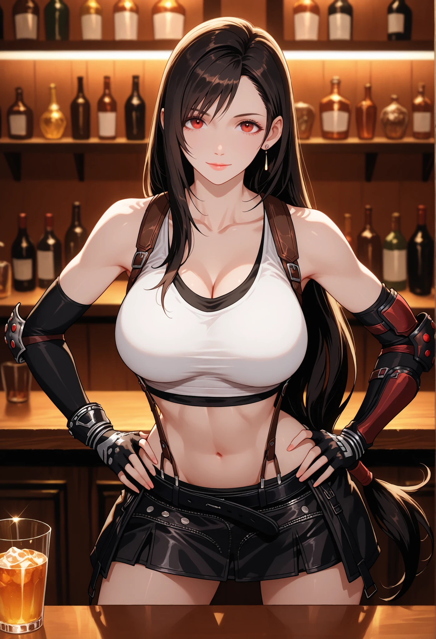 best quality, anatomisch korrekt, detailliertes Bild, high resolution, Tifa Lockhart, allein, Bar, Stands with legs apart at the counter, Looks at the viewer joyfully, geschlossener Mund, hands on hips, Her upper body is slightly tilted forward towards the observer, Vorderansicht, Big Breasts, (F70), Tifa Lockhart is not wearing earrings,