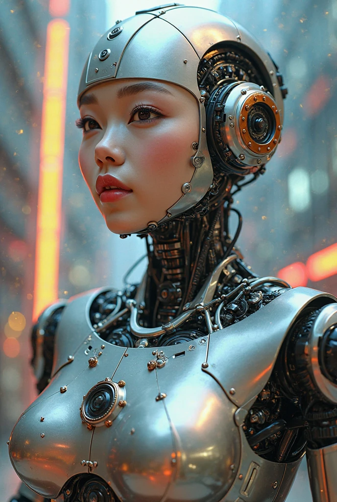 A mesmerizing robotic girl is surrounded by suspended components, cinematic shot + dynamic composition, incredibly detailed, sharpen, details + intricate detail + professional lighting, film lighting + 35mm + anamorphic + lightroom + cinematography + bokeh + lens flare + film grain + HDR10 + 8K + Roger Deakins, ((cinematic))