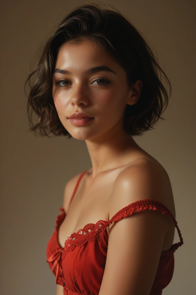 ((best quality)), ((masterpiece)), (detailed), perfect face realistic photo of beautiful woman with long dark brown hair, Russian, influencer, light freckles, dark brown eyes, big lips, no makeup, instagram, in a red dress posing for a picture !!! haute couture!!!, promo shot, red lace, official Versace editorial, official render