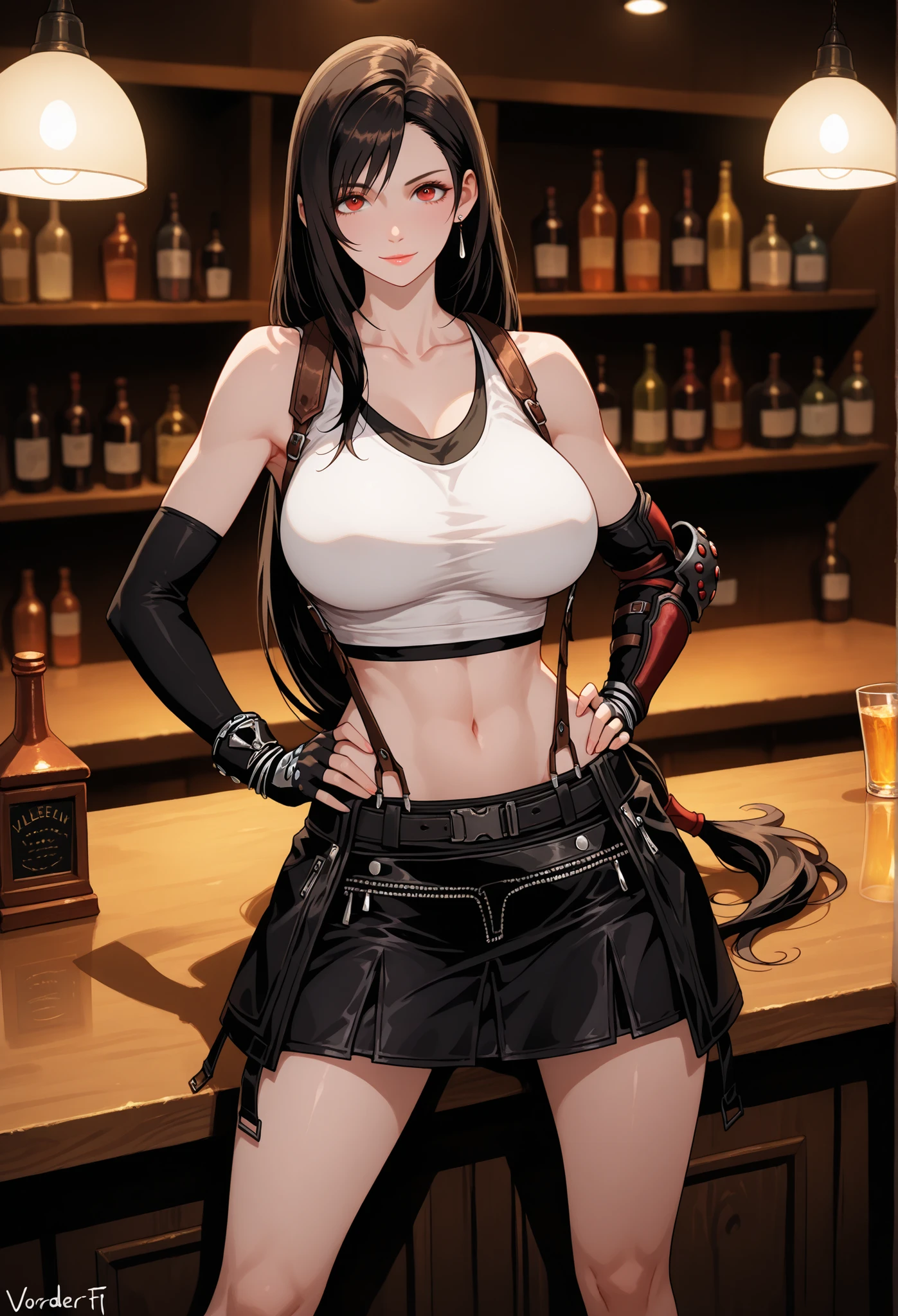 best quality, anatomisch korrekt, detailliertes Bild, high resolution, Tifa Lockhart, allein, Bar, Stands with legs apart at the counter, Looks at the viewer joyfully, geschlossener Mund, hands on hips, Her upper body is slightly tilted forward towards the observer, Vorderansicht, Big Breasts, (F70),