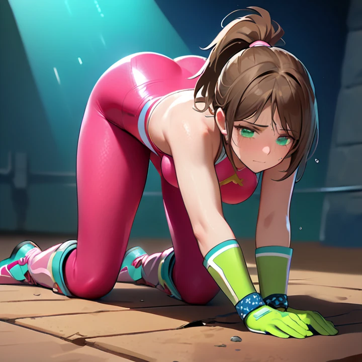 Master piece, best high quality image, carefully detailed details and textures, alone character, full view, HD, high resolution
{{(1character: 50 years old brown haired human woman noble: (fair skin, short straight brown hair, beautiful blue eyes, beautiful face, sharp eyebrows, voluptuous figure, big breasts, beautiful legs), (green headband, pale-green one-piece wrestler leotard, cleavage, green arm sleeves, dark-green fingerless gloves, green long wrestler boots, pale-green knee pads, pale-green elbow pads, short blue cloak), (alone and very tired, defeated, frustrated, fallen on the wrestling ring mat, breathing tired, sweating, recovering herself, pain), (wrestling ring, night show, wrestling aftermath))}}