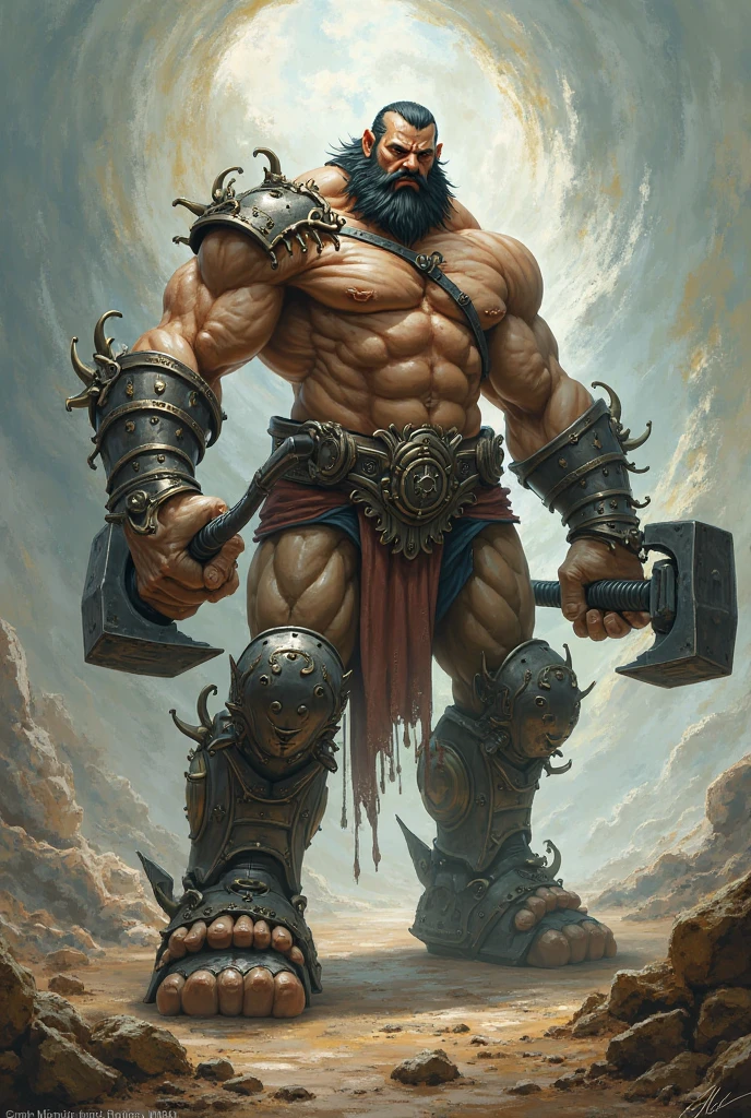 an Ogre with a body as solid as a rock. He had scars of all sizes all over his body and adorned his entire body with the fangs of a massive beast. Among the giant Ogres, he was particularly large, standing at about three and a half meters tall. With anime style art
