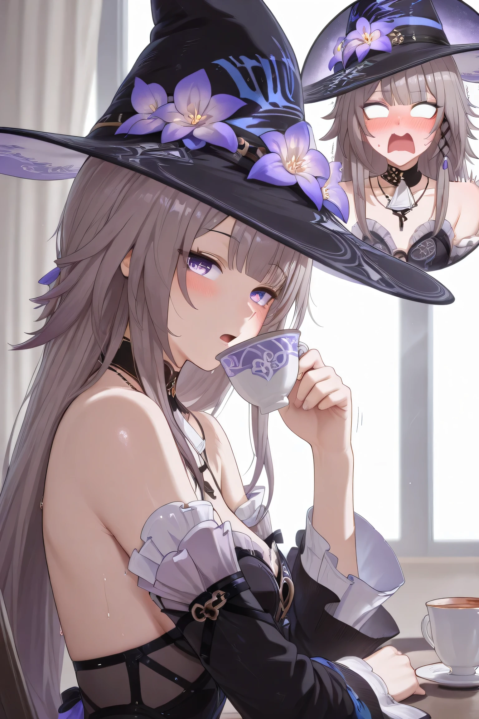 the herta honkai star rail, medium breast, shocked expression, blank eyes, view from side, sitting, full clothes, wearing hat, head tilt, drinking tea, clueless face, white cup of tea, looking at viewer, blushing, shy, sweat on face, shaking, hand shaking, half open mouth,