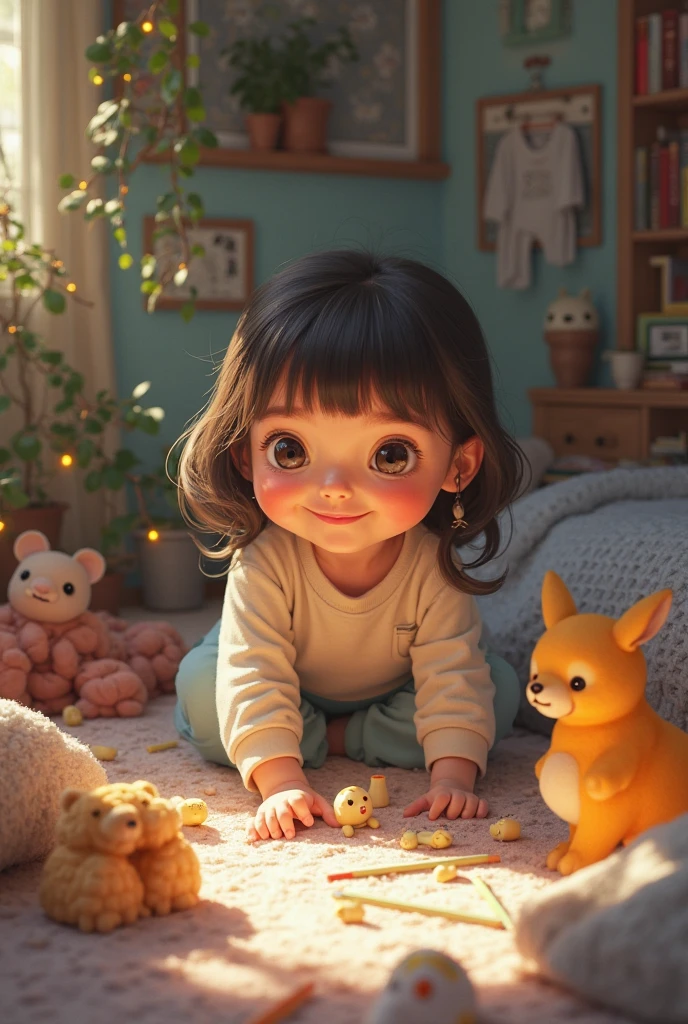 Create a UHD photorealistic image of a 22-month-old girl named Thaïs, playing with charming toys in a colorful, inviting room. Captured with a 24mm f/2.8 lens to capture her natural charm and the vibrant surroundings. Ensure exactly five fingers, no 3D style image, no animation style, no Pixar style animation.