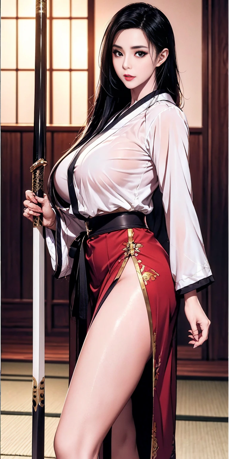 milf, white hair bangs, white eyes, tight kimono, normal body, big tits, glasses, face orgasm, Open shirt, image full body legs crossed, tattoos, dojo, katana