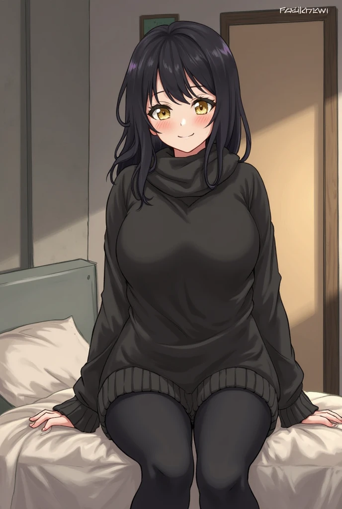 Superior quality, Masterpiece, ultra high resolution, The image of a girl with short brown hair and black eyes is in a room and is wearing only a very loose black sweater.. she looks shyly, her cheeks are flushed and she is sitting on a couch
