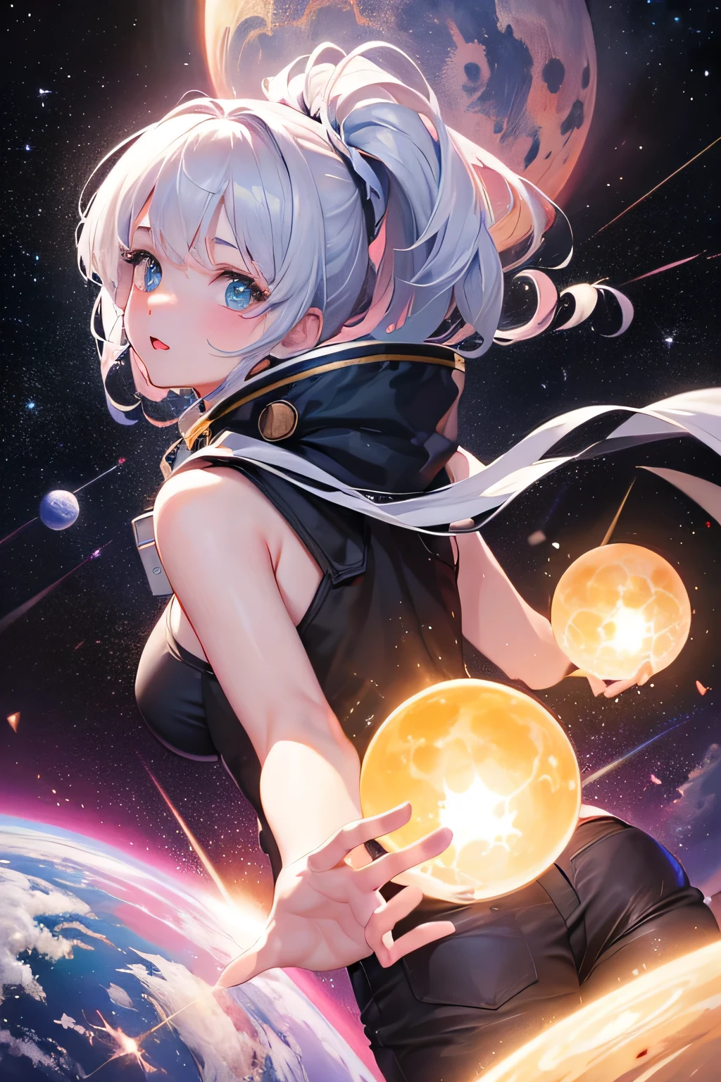 young woman, (((one person))), (((single))), (((solo))), (((slim body))), (((flat chest))), pointy ears, (((pale blue colored hair))), (((silver colored eyes))), (((iridescent eyes))), (glowing eyes), pale skin, (((very small breast))), galaxy in the background, space in the background, stars and planets in the background, ((fantasy style)), (((sparkling clothes))), (((metallic clothes))), (((glitter))), ((shiny clothes)), ((colourful sparkles)), (((floating in space))), ((holding a colourful glowing orb)), magic