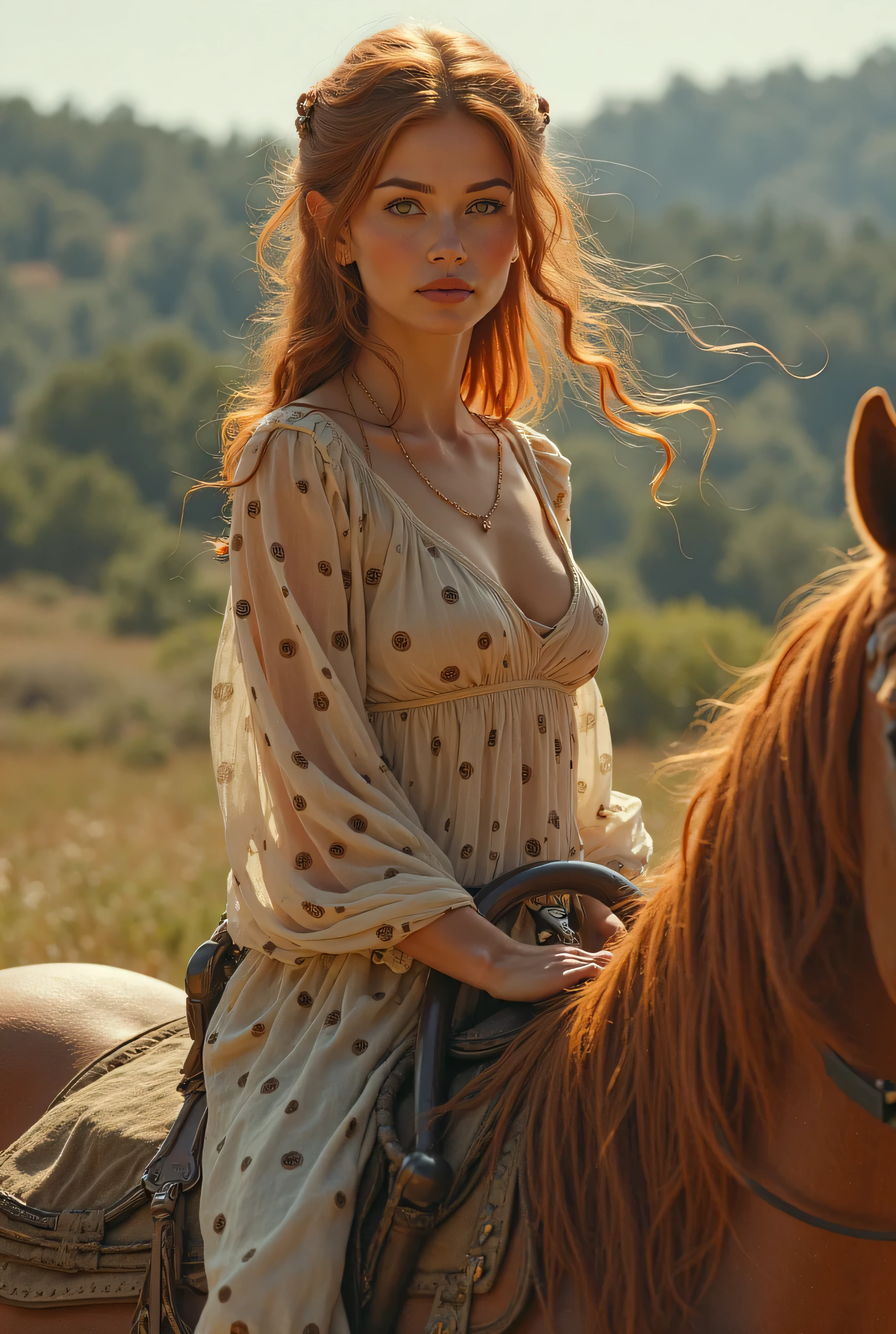 fair complexion ,beautiful redhead woman , natural short curly red hair, brown eyes, vanqura , slender and graceful, beautiful, desert, ultra sharp focus, realistic shot, thick waist, big breast, body tattoos, cowgirl, nose piercings, earrings, high quality, HD, lip piercing, nsfw, cowboy hat,  full body, cowboy boots, cowgirl shirt, barn, horse,  looking at the sunset concept art by Doug Chiang cinematic, realistic
painting, high definition, concept art, portait image, path tracing,
serene landscape, high quality, highly detailed, 8K, soft colors, warm
colors, turbulent sea, high coherence, anatomically correct,
hyperrealistic, concept art, defined face, five fingers, symmetrical