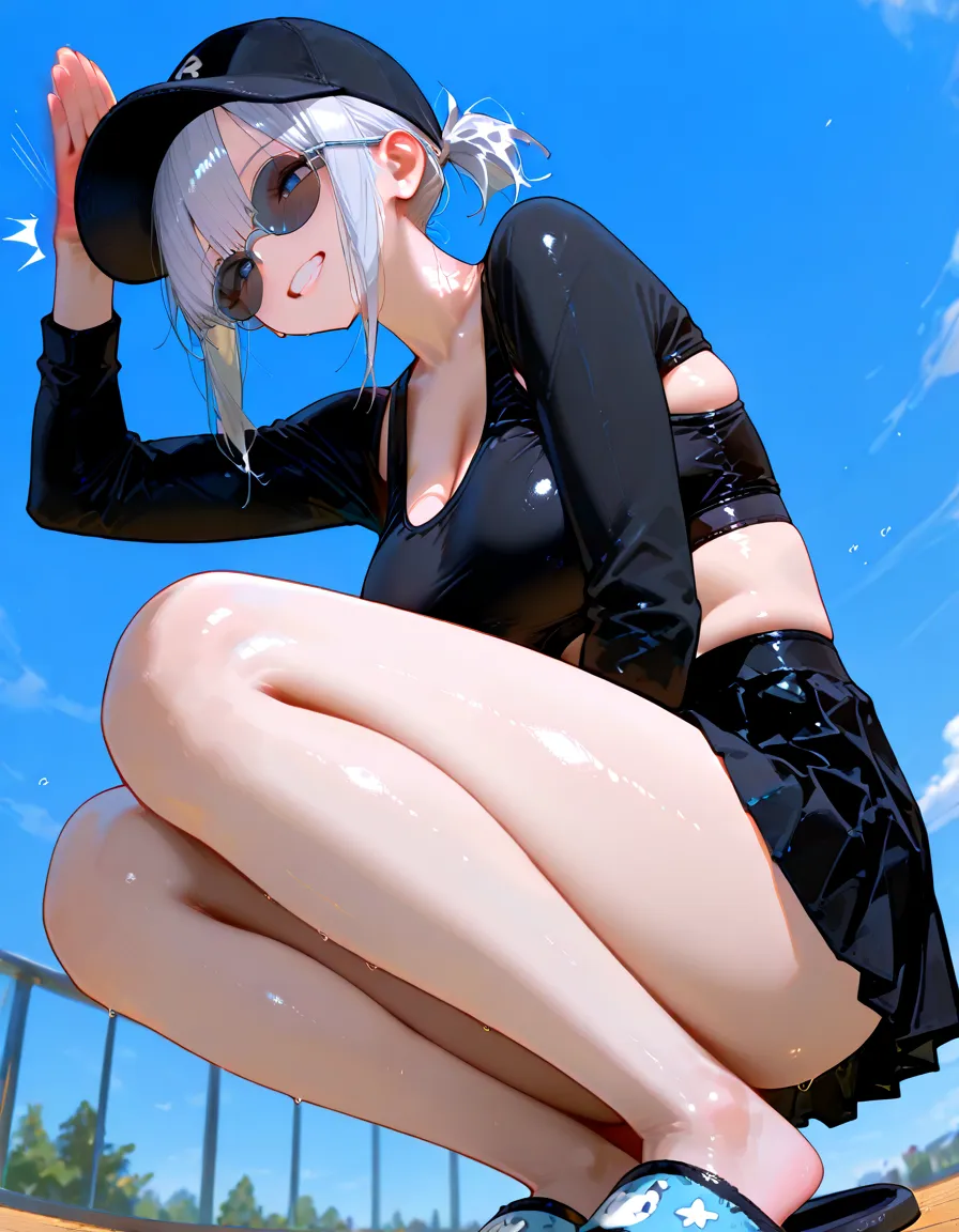  beret､camel toe:1.4、erect nipples:1.3､(((long gloves:1.3)))、brown loafers、oil skin､Latex black calf length socks、Open your thighs wide to the left and right､squat on the ground、show off your crotch to the viewer, ((latex old school swimwear:1.3、sit, spread your legs:1.3, arm behind head ))、12 years old、absurd、bob hayne hair、flat lighting、elevation angle、sexy pose、highest quality、Complex、surreal、perspective, very detailed, detailed background, shape、1 girl、alone、small breasts、light smile, embarrassing, blush, Poolside, (Sweat), (vapor)
