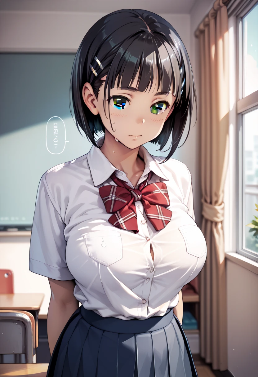 ((masutepiece, Best Quality, hight resolution, nffsw, Perfect Pixel, 4K, nffsw, nffsw))), 1girl in, Single, Solo, Beautie、full body seen、 ((Short Wave Hair, Bangs, Brown hair)), ((Brown-eyed, Beautiful eyelashes, Realistic eyes)), ((Detailed face, Blushing:1.2)), ((Smooth texture:0.75, Realistic texture:0.65, Photorealistic:1.1, Anime CG style)), medium breasts, Dynamic Angle, Perfect body, ((School uniform, White shirt, Black skirt, Unbuttoned shirt、plaid skirts、I'm not wearing shoes、White Sox)), Classrooms without people、Sit on a desk、Lower'I took my foot off the desk.............................、early evening、、、Very embarrassing panic smile、(Lift the skirt with your right hand、Open both legs、Open your knees wide、Light blue floral lace panties)、、(Cute floral bra)、Angle from below