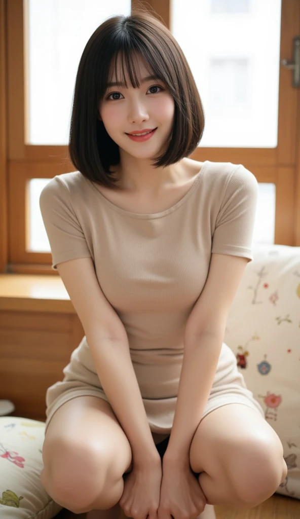 ,short sleeve,masterpiece, Best Quality,8K,Natural brown short hair,japanese beatiful girl,very nice lady,smile,teeth