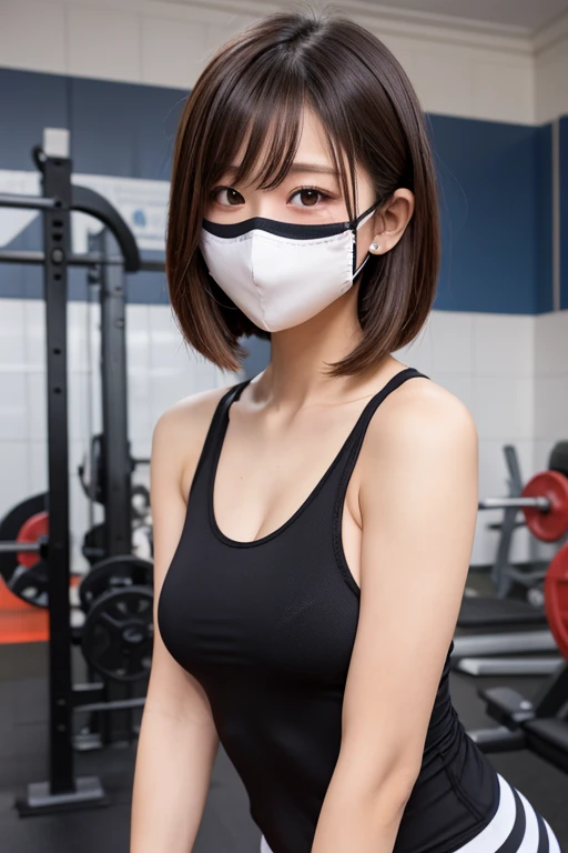 ((top-quality, masterpiece, extremely Realistic)), 1girl in, Facing the front, light brown hair, Short bob hair, dark blue sports bra, in 8K, 85 mm, Raw photo, medium shot, Perfect dynamic composition, Bokeh background, fitness gym, half naked, short length, slim fit, wearing dark blue mask,
