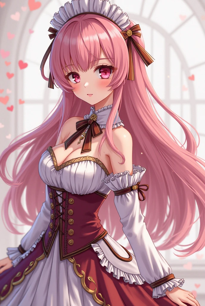 (masterpiece:1.3), (Highest quality:1.1), (8k, Super detailed), (Ultra-high resolution), (Anime Style), (Five perfect fingers), (Perfect Anatomy), One girl, long hair, Wavy Hair, Pink Hair, Purple eyes, slim body, small Breasts, thin legs, (Satin Corset), mini skirt, Lace Garter Set, looking at viewer, smile, standing, Cowboy Shot, indoors
