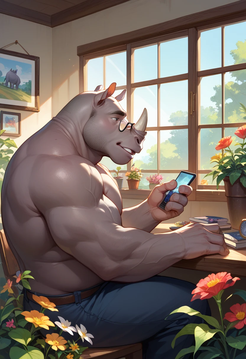 ox，furry，strong，shorts，Sitting on the sofa，Look at mobile phone，Ambiguous expression，masterpiece，best quality