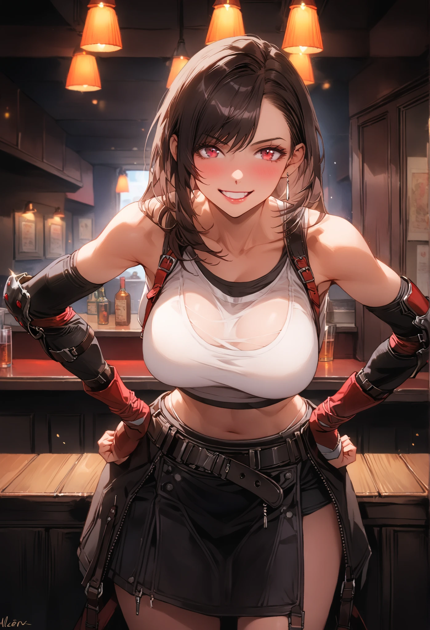 best quality, anatomisch korrekt, detailliertes Bild, high resolution, Tifa Lockhart, allein, Bar, Stands with legs apart at the counter, Looks at the viewer joyfully, geschlossener Mund, hands on hips, Her upper body is slightly tilted forward towards the observer, Vorderansicht, Big Breasts, (F70),