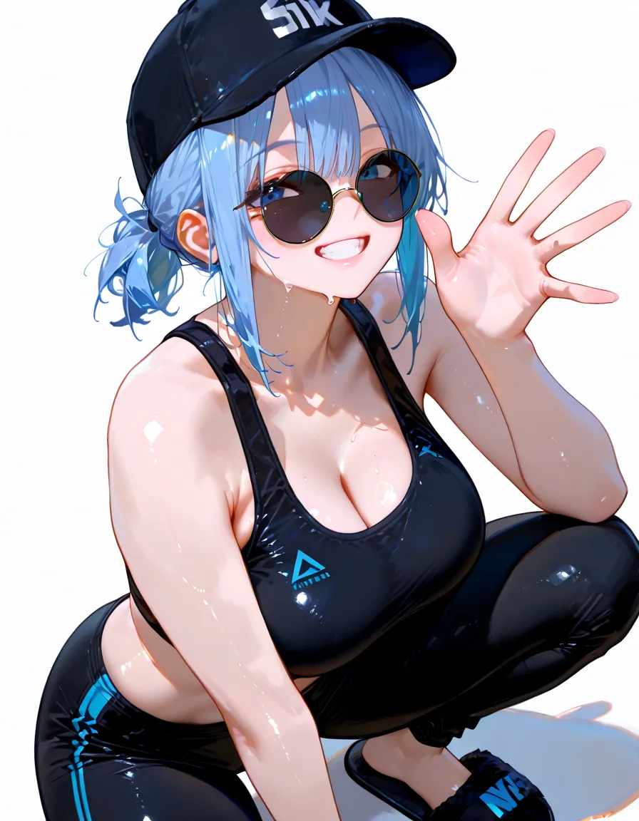 (NSFW:1.2), (8K, Raw photography, Top image quality, tmasterpiece: 1.4), super highly detailed, (realisitic, photoreallistic: 1.48), 1girl in, Solo Focus, type moon style, Kyoto Animation Style, short-length hair, (blue hairs:1.7), Blunt bangs, Hair Between Eyes, Clear eyes, side locks, White hair, Shiny hair, beautiful detailed cold face, Seductive smile, angry, complex details beautiful and delicate eyes, bare_shoulders, Small_Breasts, Gray eyes, White skin, Hair Ornament, (((T-shirt))), swim ring, swimsuit, beautiful bare back, Sandals, Skindentation, collar bone, bare_Legs, beach, Beautiful detailed sky, White sand, tree, very precise details, absurdist, Extremely detailed, 16k wallpaper,remrezero