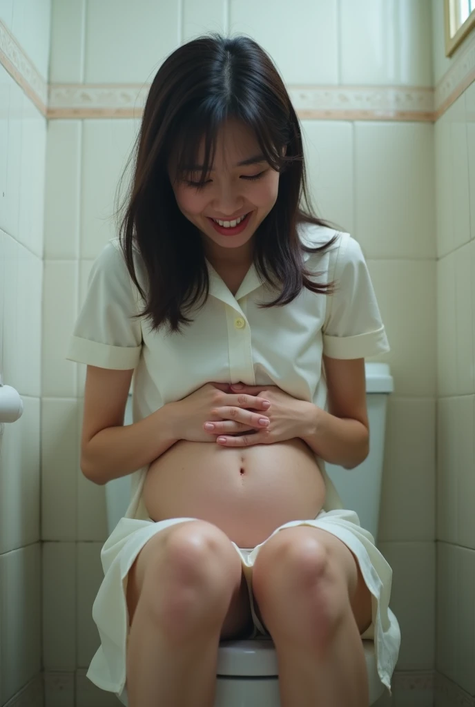 Japanese pregnant high school girl wearing a t-shirt giving birth to a baby while moaning and leaking amniotic fluid in the bathroom