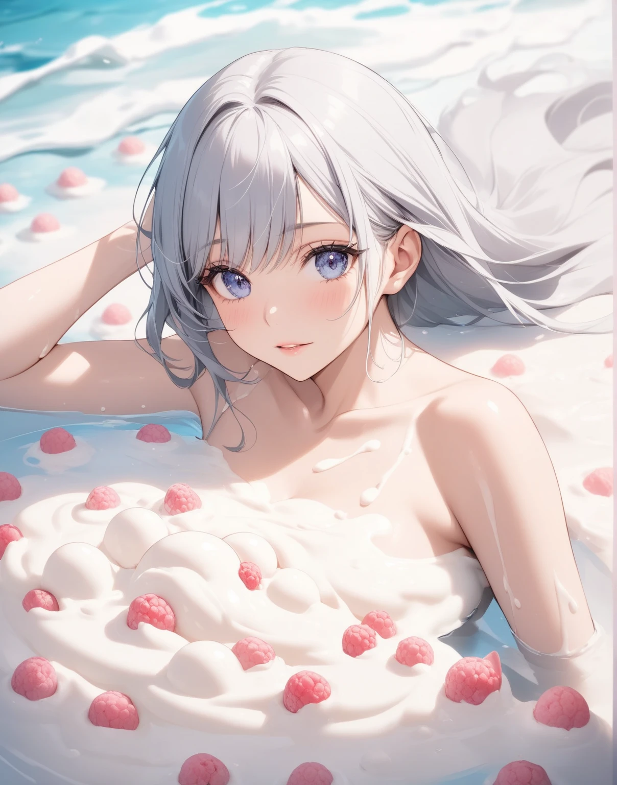(Super beautiful CG、high resolution)、(medium breasts、smile)、 (masterpiece:1.8)、((super quality))、((Ultra-detail illustration))、((stunning CG))、18 year old female、solo、gray hair、golden eyes、smile、medium breasts、lolita dress、white gloves:1.5、White cream accumulates on both hands:1.8、barefoot、sit、((White whipped cream falls from the sky:1.8、There is a whirlpool of fresh cream around it.:1.7))、mechanical gears background:1.8、simple background:1.8、masterpiece1.8、perfect fingers:1.8