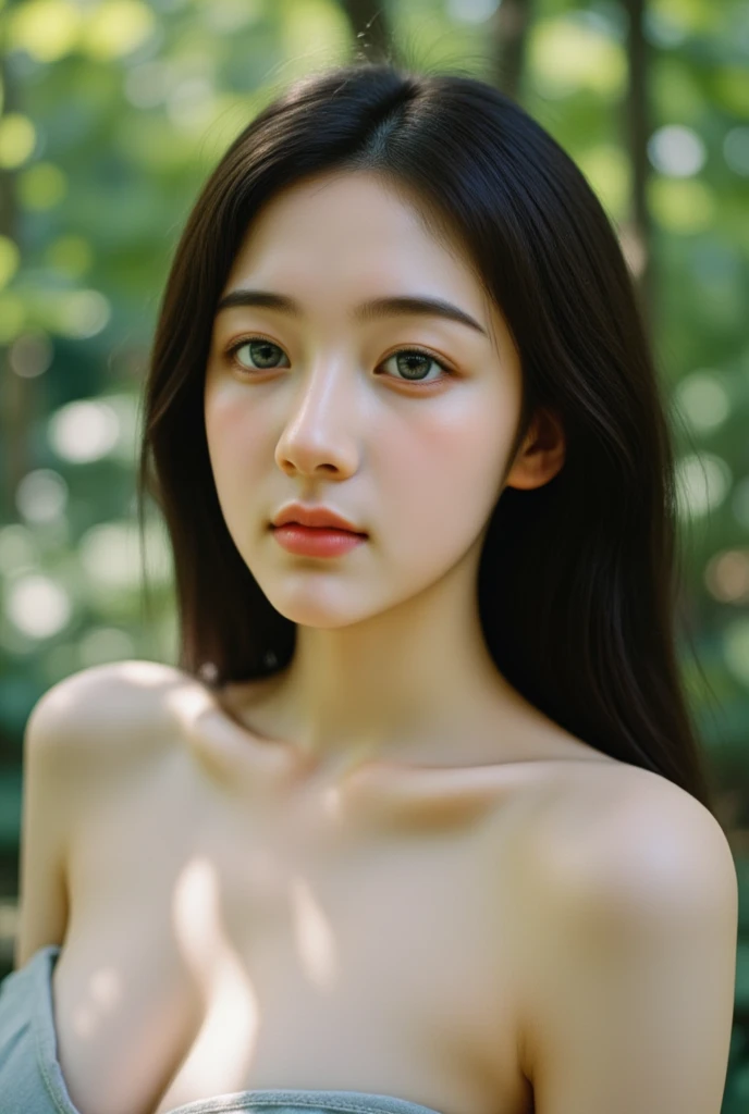 Chinese 16 year old girl, skinny, small, slim, tiny, short, naked, pretty, beautiful, standing in a forest