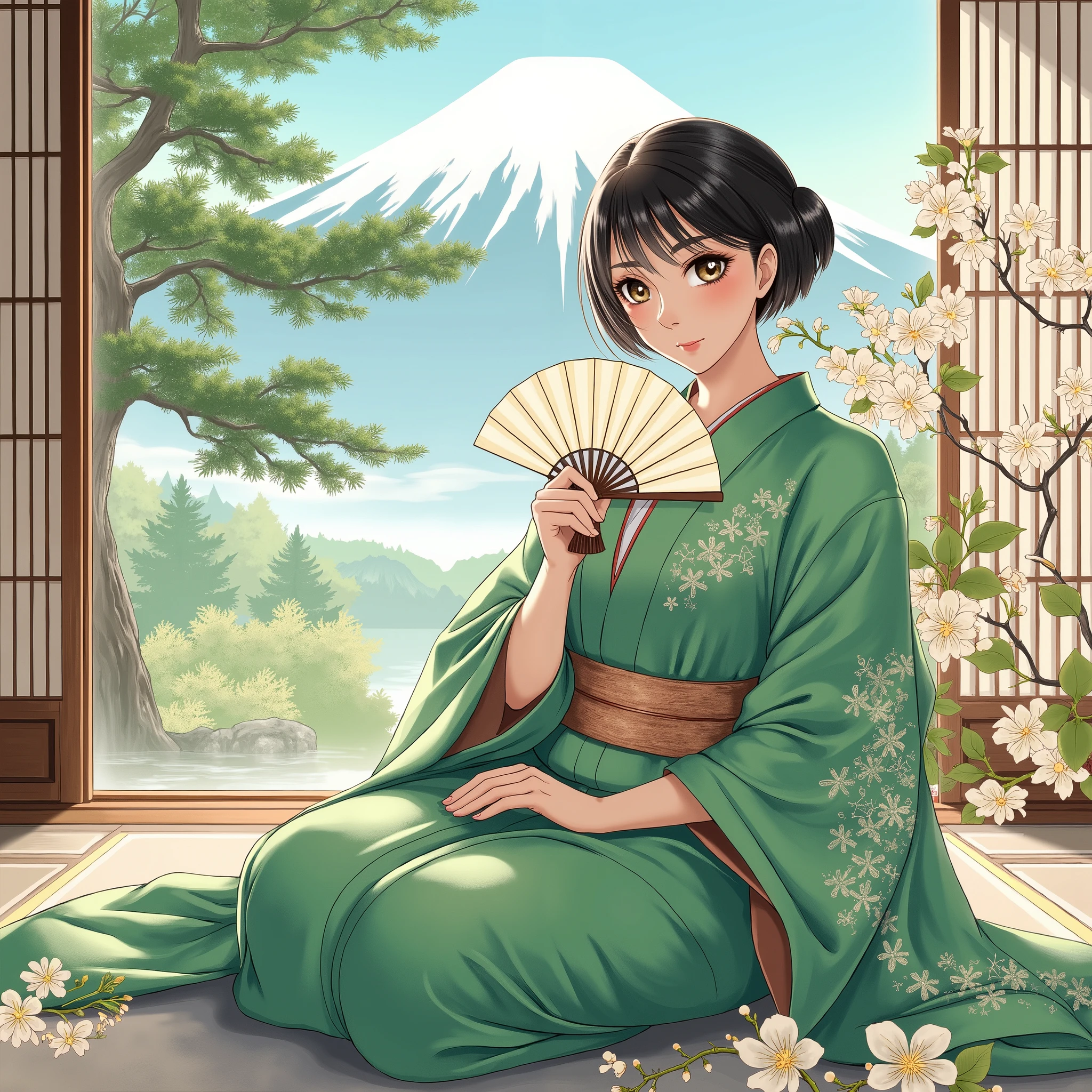 illustrations、anime、A beautiful forty- woman is sitting、green kimono、Japanese Women、Japanese-style room、pine tree、Mt. Fuji、 beautiful flowers 、fan、breasts are big、