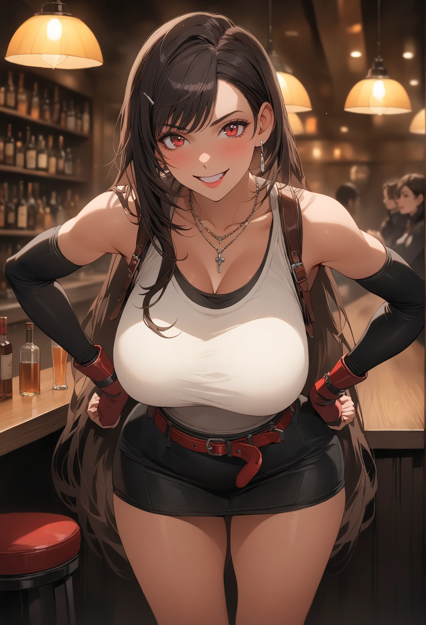 best quality, anatomisch korrekt, detailliertes Bild, high resolution, Tifa Lockhart, allein, Bar, Stands with legs apart at the counter, Looks at the viewer joyfully, geschlossener Mund, hands on hips, Her upper body is slightly tilted forward towards the observer, Vorderansicht, Big Breasts, (F70),