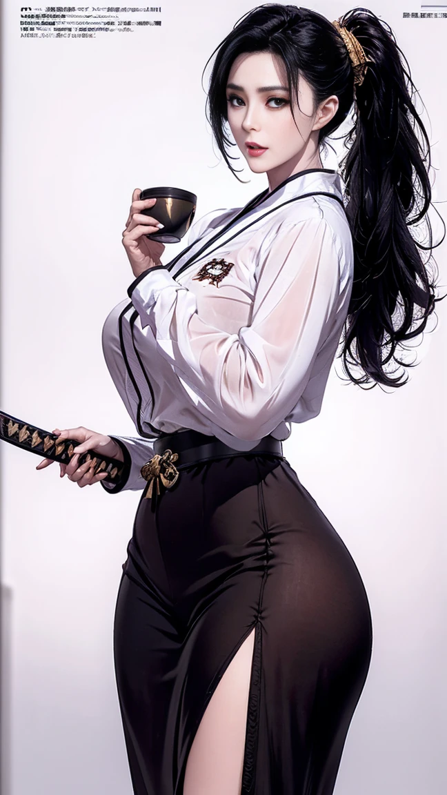 Masterpiece, high quality full length portrait of 1 woman (maduro)) YOUNG), Holding a katana, Long sleeve white buttoned shirt, shiny black leggings, beautiful thin face, detailed face, long hair, (black hair), BIG BREASTS, pale and light skin, detailed eyes, grey eyes, shy expression, set in a background inside a cabin with a fireplace, evening,