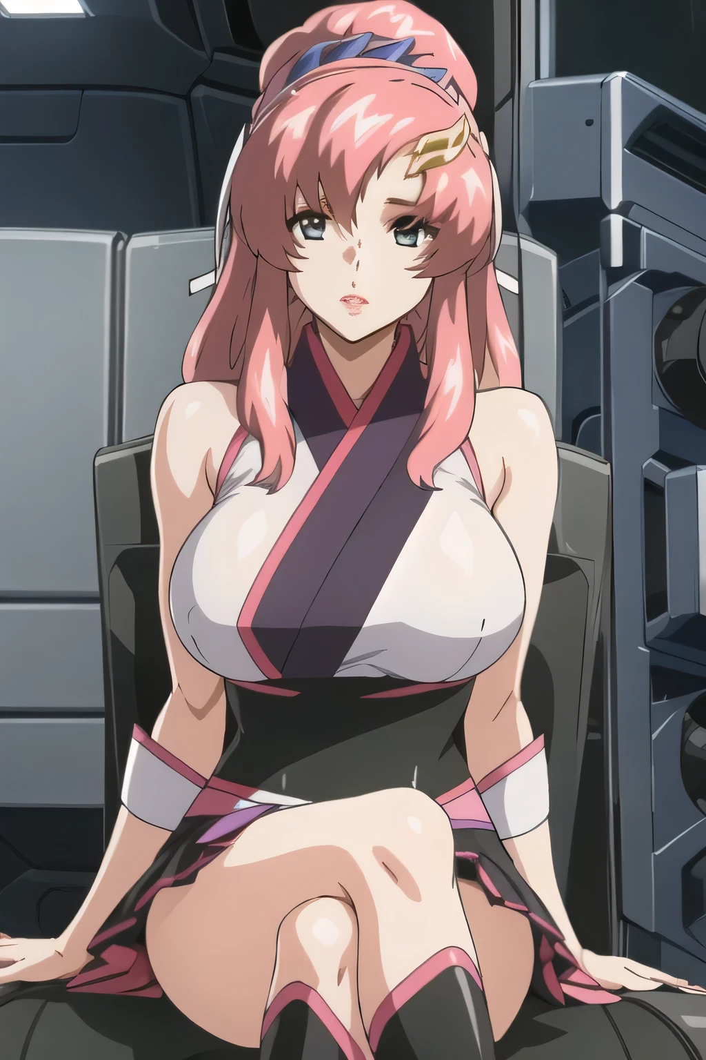 sleeveless thin uniform ,My nipples are sharp and can be seen through when wet,Big BreastsをさらにさらにBig Breastsに描いて下さい,I'm sitting on my back in the cockpit,A black uniform like a kimono, wears a black and pink uniform ,micro mini skirt that surrounds the foot with both hands,Faces are important,,your smile is amazing,Pink hair roots,nice smiles,,, ,,fun,Spaceship bridge,{{X}},describe her look in more detail,walking alone, ,,((( wears a black and pink uniform ))), ,(Let's draw a more delicate look),(ninja costume with a pink border on a black background),( black panties),(That work is enough for one person {X} can you draw a competitive swimsuit)、 That's enough,frown。unless the job requires it。 {X}、 , Attractive 20 Year Old Woman , BIG BLACK WAVY HAIR, , Big Breasts, thin waist , , ,Faces are very important,