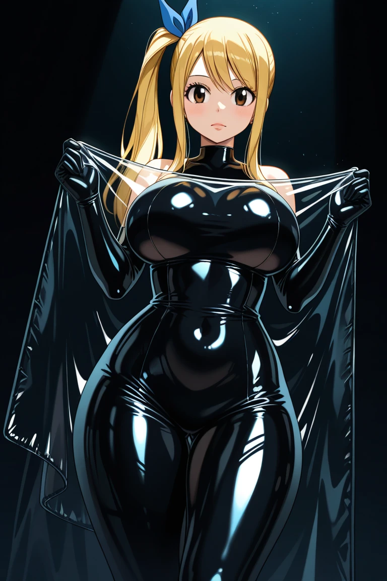 a busty long hair blonde woman blue eyes with a serious haughty face expression, open mouth, black leather jumpsuit, forest background, facing the camera, Big breast++, face camera, serious haughty face