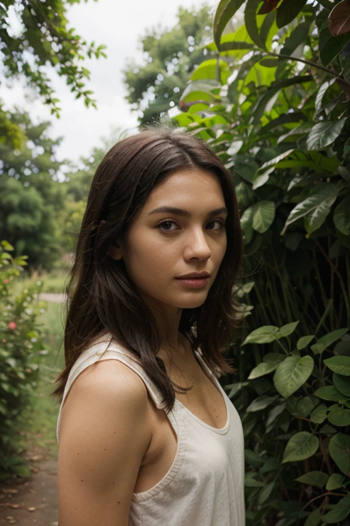 ainda de um filme, 22yo mulher em uma floresta, looking up at the sky, roupas transparente branca leve , sorrir, textura de pele realista, sujeira, skin pores, Luz suave da tarde, esta caindo chuva leve nela, ela esta com a roupa molhada .Cinematic lighting, Beautiful, epics, best quality, alta resolução, circunstanciado