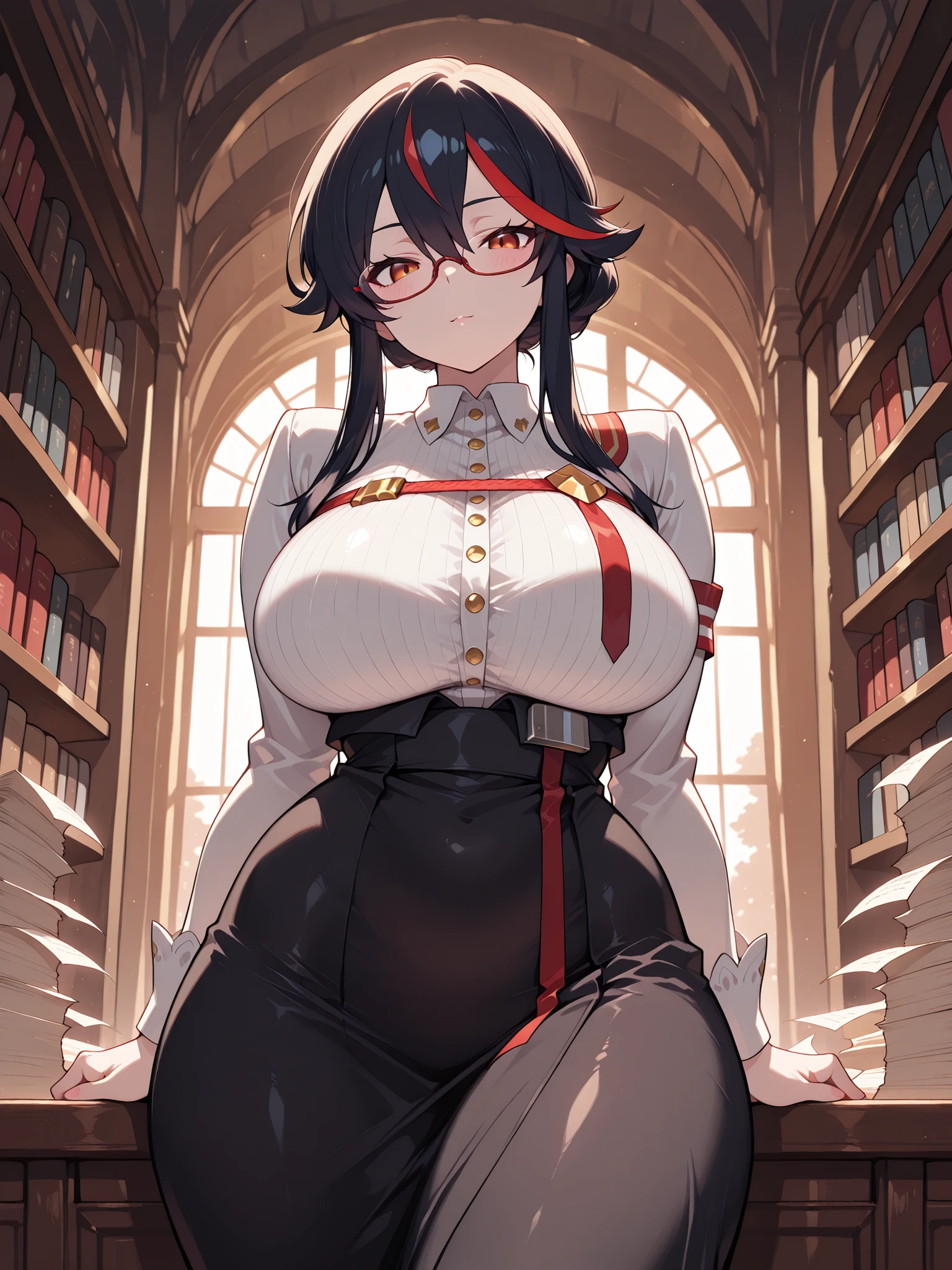 (masterpiece, best quality), incredible quality, very aesthetic, absurd, high resolution, new , HDR-10, 8K, cinematic, professional photo, chica, (((Ryuuko Matoi:1))), big breasts, big breasts, (Small but curvy), long skirt, glasses, Alone , Ryuuko Matoi, (((seductive expression))), (((dressed like a vintage librarian))), Gathering papers, blushed cheeks, afternoon library, detailed background, underground dispersion, translucent, brilliant, SSS, breasts, atmospheric haze , Illusp0s , (super quality:1.2),