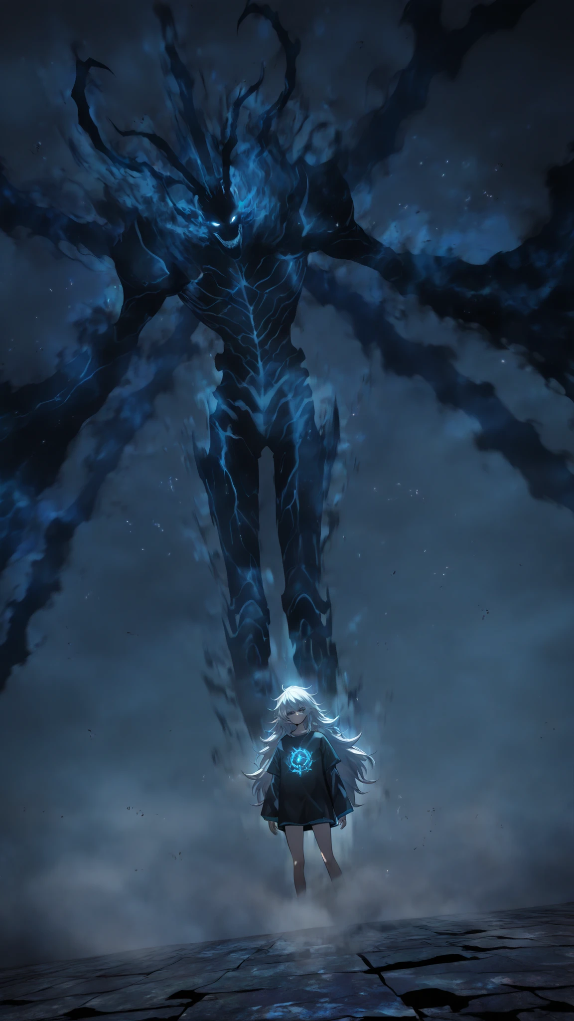 by [arknights|(748cmstyle:0.77)], god rays, cinematic shot, dramatic lighting, young adolescent, ager, young, masterpiece, best quality, amazing quality, very aesthetic, high resolution, ultra-detailed, absurdres, manwha, extreme detail, 
1girl, solo, alone, (action shot, dynamic pose, side shot, quarter angle, angled shot, model close_up shot:1.2),cosmic wings, nuclear wings, cosmic portals, glowing eyes, cosmic eyes,  nuclear magic, nucleus, massive cosmic power, cosmic apocalypse ,hair between eyes, narrowed eyes, tsurime, cute expression, oversized sleeves, black eyes, gray hair, brooch, messy hair, goddess, very long hair, loose t-shirt, divine aura, cocky smirk, arrogance, soft eyes, head tilt,  BREAK, depth of field, volumetric lighting, (((glitchy, distortion, chromatic aberration))), scenery, 
 