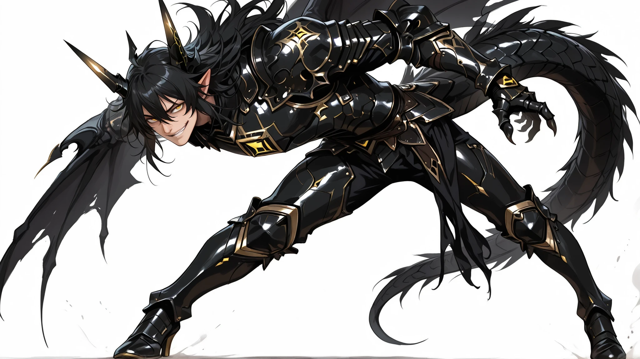score_9, score_8_up, score_7_up, absurdres, 128K Ultra High Resolution, (masterpiece, best quality: 1. 5), high definition, highres, 8K wallpaper, CG, (((Anime))), (1 male), solo, lean body, (masculine), (floating in the air), weredragon, japanese anime style, glossy black, shiny black leather, ((beautiful golden eyes, finely detailed eyes, bright eyes, vertical iris)), hair between eyes, black hair, long hair, sideburns, wild hair, unkempt hair, (sly grin, smirk, evil smile), teeth, confident, ((ultra detailed face)), shiny skin, long pointy ears, twisted torso, long-legged, sculpted face, wasp waist, dragon horn, dragon tail, dragon wings, dragon sharp claws, (black armor with a lot of grandiose decorations), half dragon half human, dramatic angle, (dynamic pose: 1. 5), ((ultra detailed black armor)), black armor with gold accent, all black outfit, full body, emphasize face, focused expression, sharp focus, good-looking man, well-polished black armor, (best illustration), cinematic, dramatic lighting, (intricate detail, extreme detailed, super detailed: 1. 5), ((highly detailed artwork)), dramatic shadows, tenebrism, chiaroscuro, wonderful pose, chiseled features, stark contrast, heavy shadows, detailed black decorations, beautiful and aesthetic, photoreal, from side, (mysteriously crafted black metal armor: 1. 5), sparkling accessories, thick and luxuriant hair, ((ultra detailed fantasy black armor)), dressed in black, broad shoulder, true-to-life visuals, artistically refined, dramatic contrasts, ((extremely delicate and beautiful armor, elaborate armor details)), ((dark armor, stylized armor)), exquisite goldwork, wonderful black armor, armor with intricate engravings, ((armor-type high heels)), ((detailed shoulder armor with intricate engravings, gold accent black armor)), very gorgeous and dazzling, ((dark fantasy black knight)), slim waistlines, wide chested, sinewy body, (((Hyper Detailed & Perfectly Designed Black Armor))), (simple white background), windy