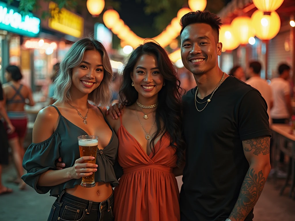 A beautiful asian women, long straight black hair, big breast, big boobs, big tits, double eyelids, beautiful face, beautiful makeup , realistic detailed, wearing a sexy white top, and ripped jeans, with friends outside, beautiful smile, sexy pose with her boyfriend. Lovers, men and women, boyfriend and girlfriend, selfie