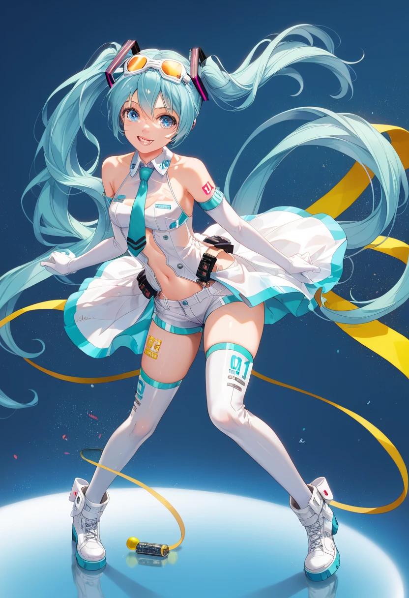 Hatsune Miku、((Shiny, colorful and flashy leotards))、High leg、Brown skin、smile、Sunburn、 Tattoo、((Light blue hair))、Long twin tails、((Jumping cheerfully))((highest quality)).4k、Very thin body