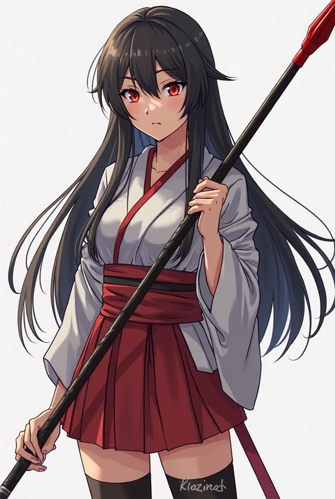 Anime Japanese woman wearing a kimono, Yellow-eyed, Black Hair, Maroon dress, olive green hakama. She has a large chest but you can't see it., Her long hair is parted in the middle and tied back., And smiling. She wears a Japanese sword on her left hip..