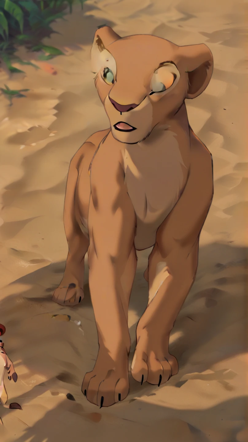 lioness, Nala, high resolution, realistic, Soft, 4K, upscales, high detail, Delicate fur, ((The tail in the right place)), green eyes, bedroom eyes, white sclera, lifted tail, hyper canine pussy, savanna, large eyes, presenting pussy, looking back at viewer, 1 lion tail, black canine pussy, dripping canine pussy, cub, young, laughing, detailed eyes, beautiful eyes, flat chest, small, squatting